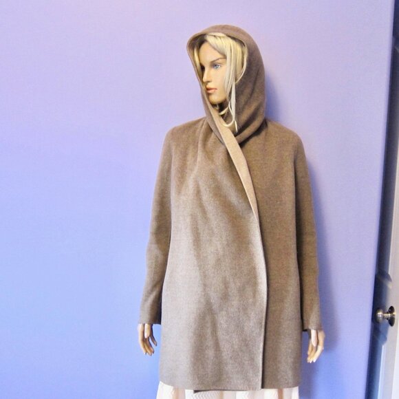VINCE BROWN TAUPE DOUBLE FACE WOOL COCOON HOODED COAT - Picture 12 of 12